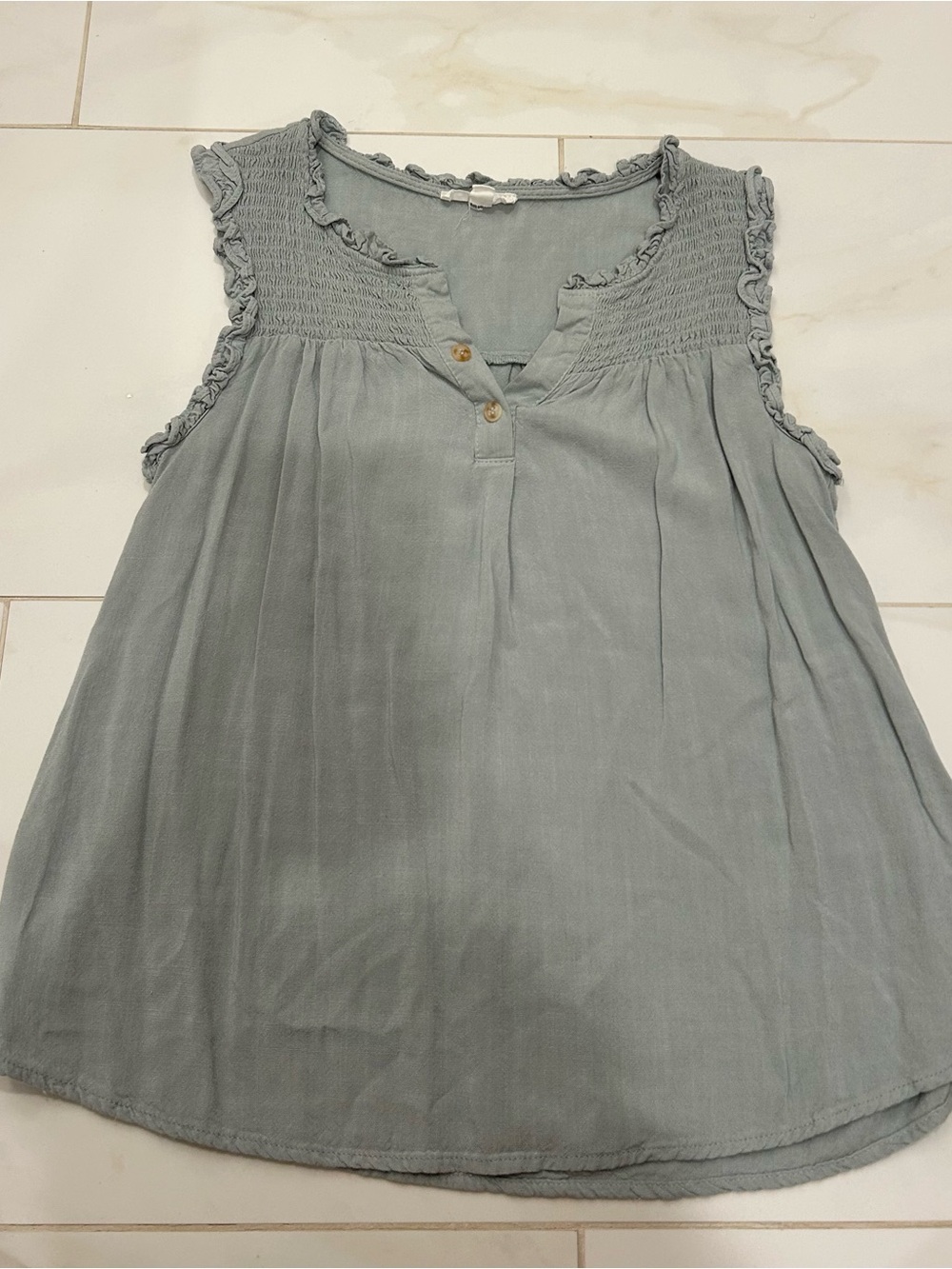 Sleeveless Ruffle Smocked Yoke Top in Light teal